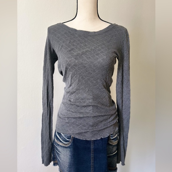 Inhabit Grey Women's Lattice Long Sleeve Scalloped 100% Cotton Lettuce Sleeve - Picture 1 of 6